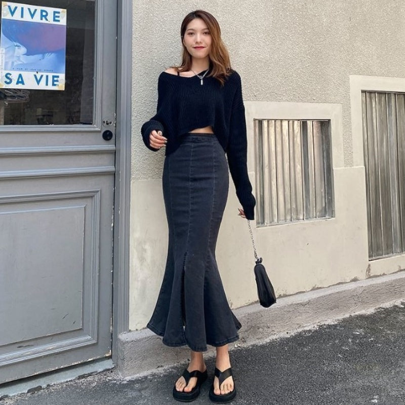 Belle Cie denim skirt, mermaid denim skirt, tight, flare, sexy, long skirt, stylish, cute, for adults, beautiful legs, high waist, stretch
