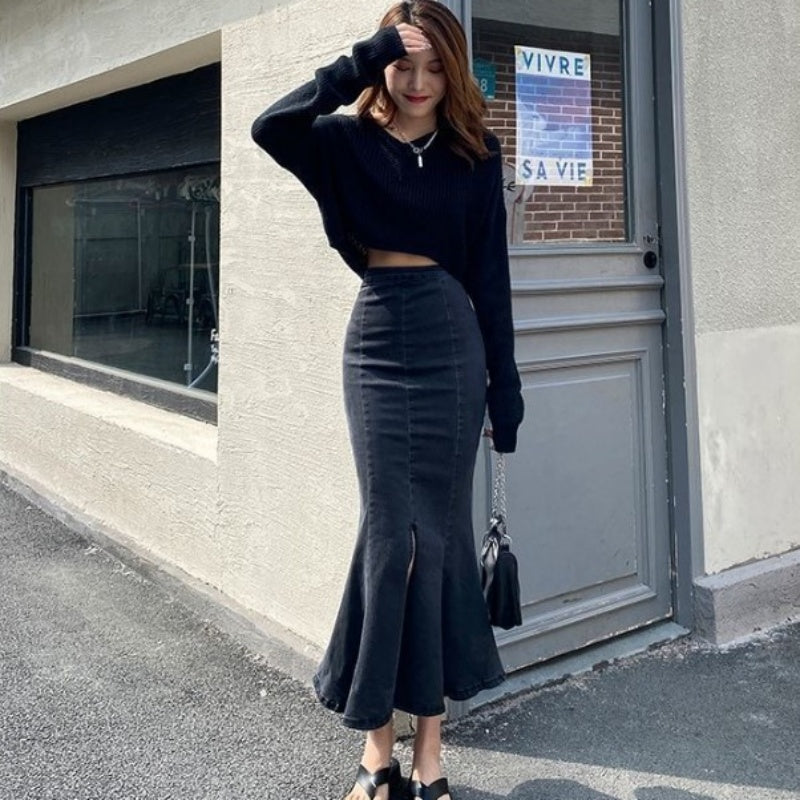 Belle Cie denim skirt, mermaid denim skirt, tight, flare, sexy, long skirt, stylish, cute, for adults, beautiful legs, high waist, stretch