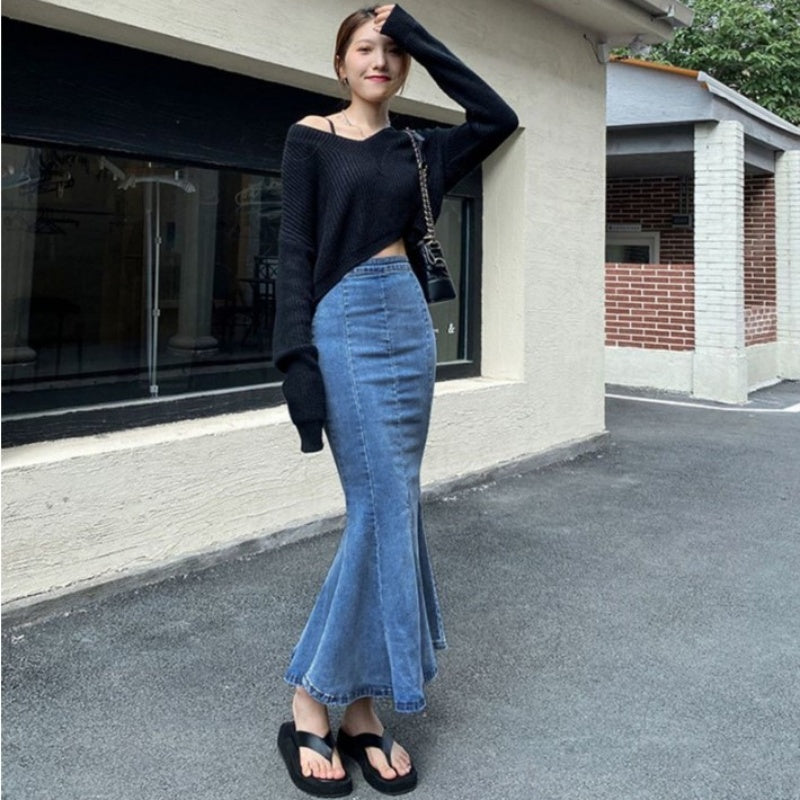 Belle Cie denim skirt, mermaid denim skirt, tight, flare, sexy, long skirt, stylish, cute, for adults, beautiful legs, high waist, stretch