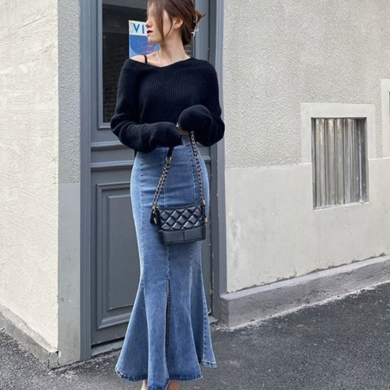 Belle Cie denim skirt, mermaid denim skirt, tight, flare, sexy, long skirt, stylish, cute, for adults, beautiful legs, high waist, stretch