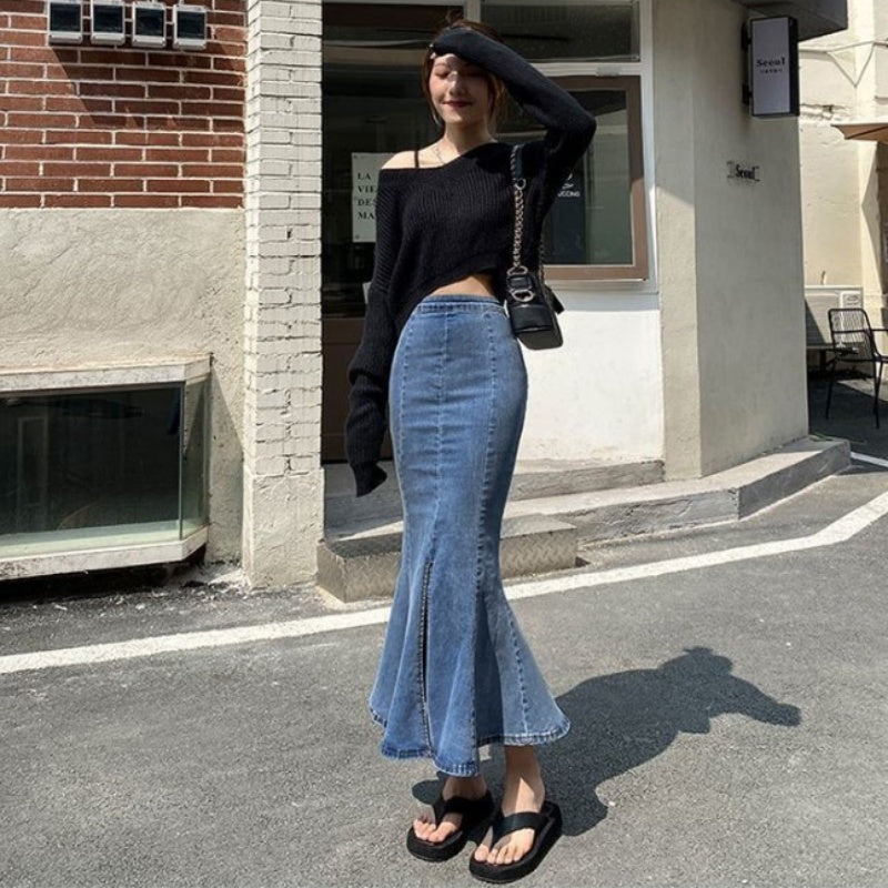 Belle Cie denim skirt, mermaid denim skirt, tight, flare, sexy, long skirt, stylish, cute, for adults, beautiful legs, high waist, stretch