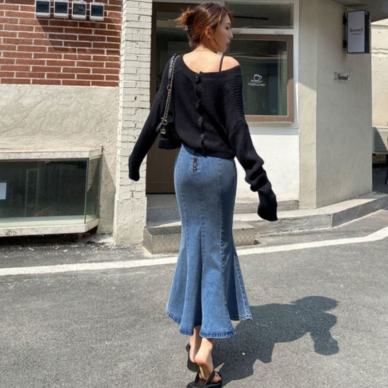 Belle Cie denim skirt, mermaid denim skirt, tight, flare, sexy, long skirt, stylish, cute, for adults, beautiful legs, high waist, stretch