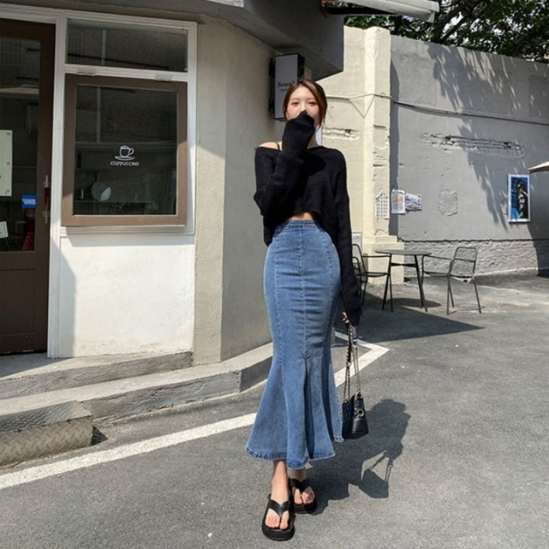 Belle Cie denim skirt, mermaid denim skirt, tight, flare, sexy, long skirt, stylish, cute, for adults, beautiful legs, high waist, stretch