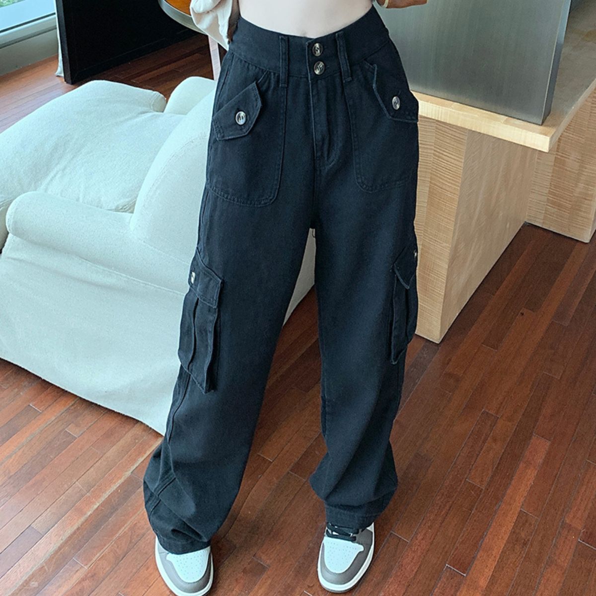 Belle Cie cargo pants, trousers, long pants, bottoms, Korean fashion, women's, military, casual, trendy, wide pants, pants, dull color, black