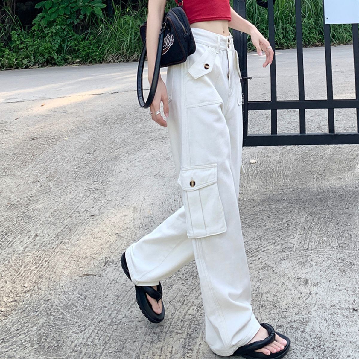 Belle Cie cargo pants, trousers, long pants, bottoms, Korean fashion, women's, military, casual, trendy, wide pants, pants, dull color, black