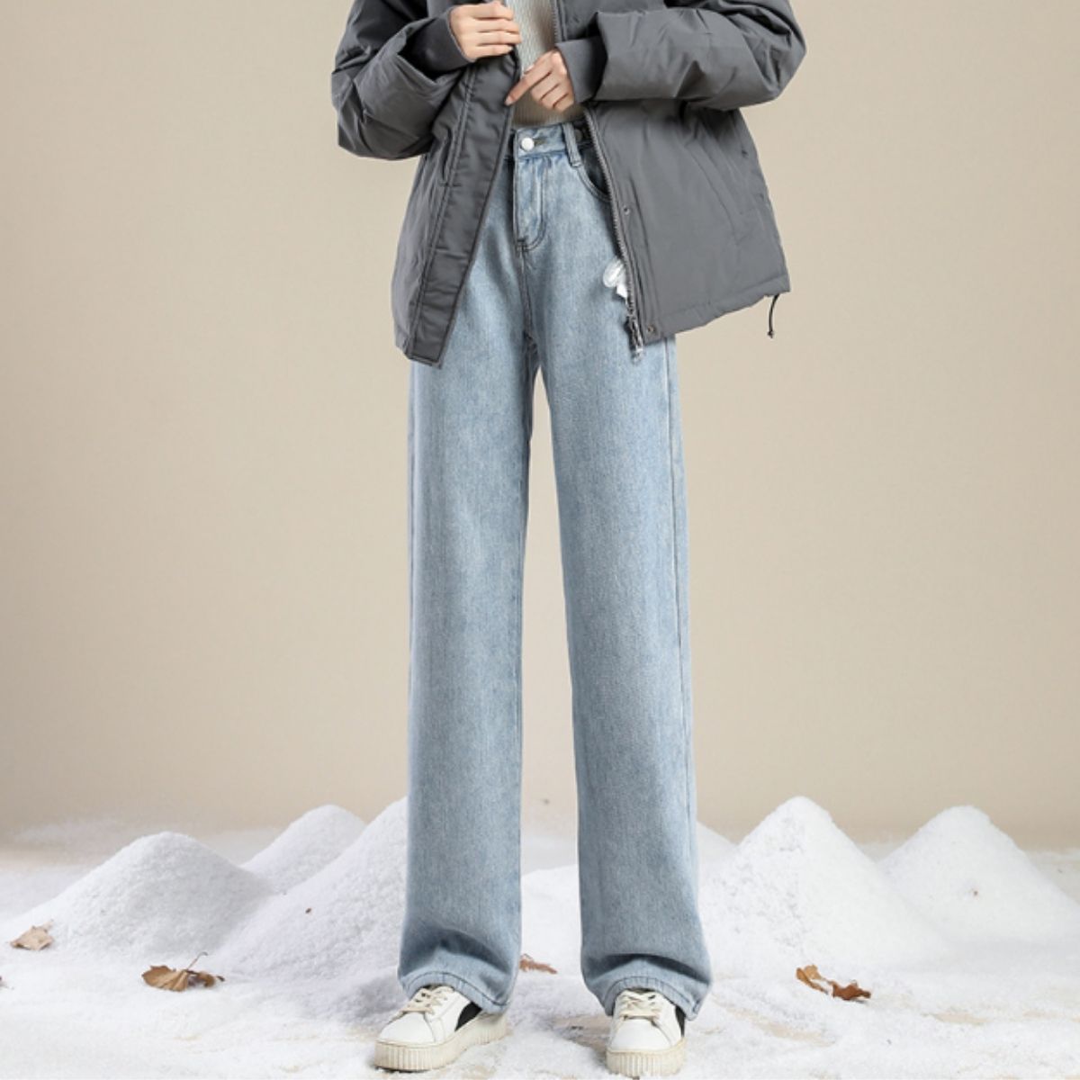 ベルシー Belle Cie デニム デニムパンツ ロングパンツ ジーパン レディース 裏起毛 裏シャギー ワイドパンツ ストレート バギー ハイウエスト 韓国ファッション 防寒,サックス