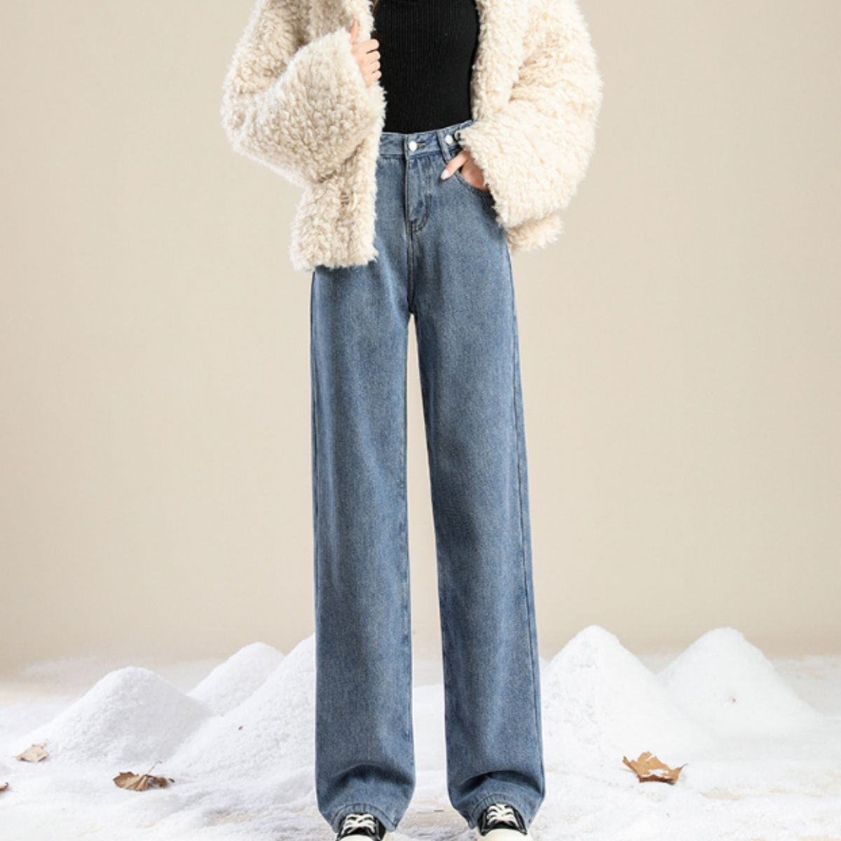 ベルシー Belle Cie デニム デニムパンツ ロングパンツ ジーパン レディース 裏起毛 裏シャギー ワイドパンツ ストレート バギー ハイウエスト 韓国ファッション 防寒