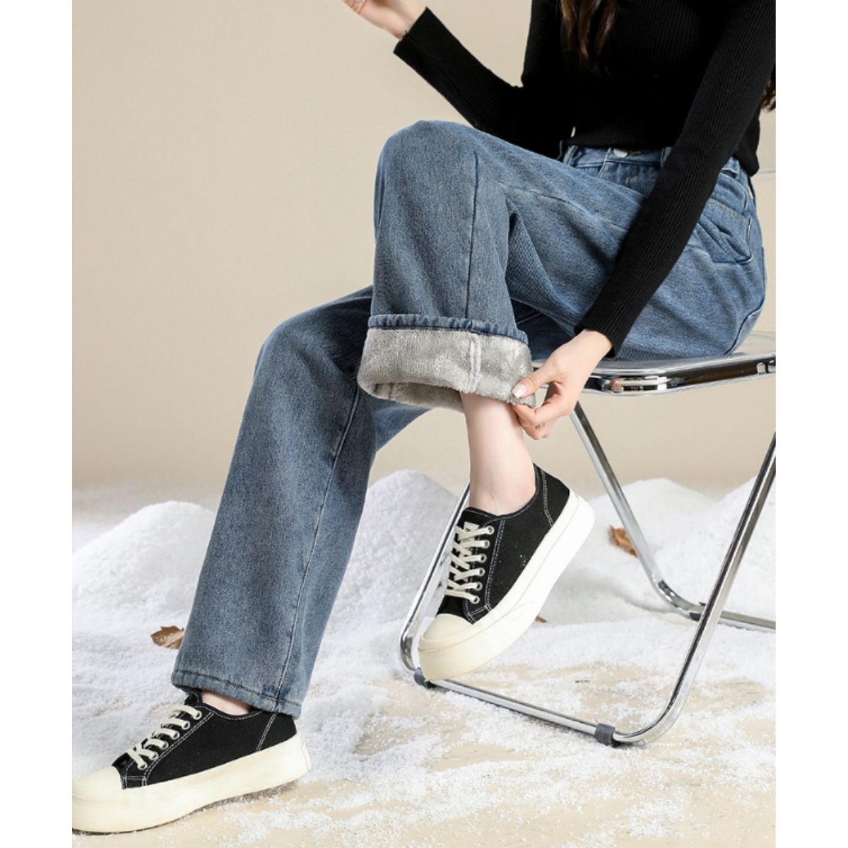 ベルシー Belle Cie デニム デニムパンツ ロングパンツ ジーパン レディース 裏起毛 裏シャギー ワイドパンツ ストレート バギー ハイウエスト 韓国ファッション 防寒