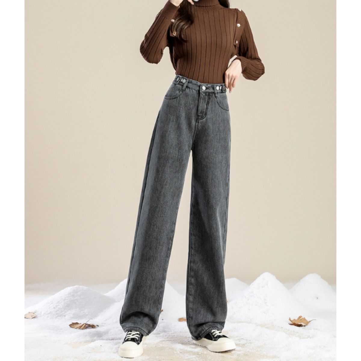 ベルシー Belle Cie デニム デニムパンツ ロングパンツ ジーパン レディース 裏起毛 裏シャギー ワイドパンツ ストレート バギー ハイウエスト 韓国ファッション 防寒,グレー