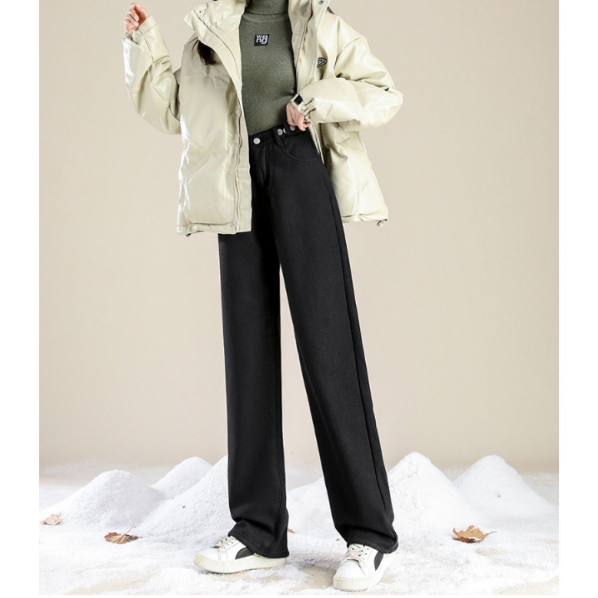 ベルシー Belle Cie デニム デニムパンツ ロングパンツ ジーパン レディース 裏起毛 裏シャギー ワイドパンツ ストレート バギー ハイウエスト 韓国ファッション 防寒,ブラック