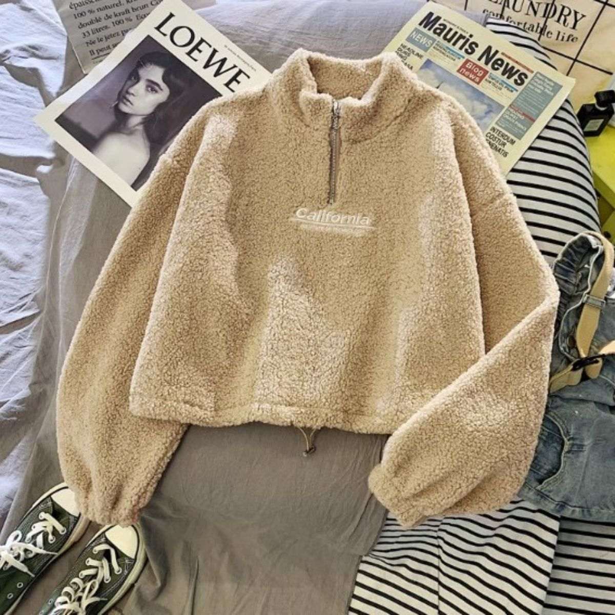 Belle Cie Half-Zip Pullover Top Fleece Women's Korean Fashion Boa Casual Street Warm Cold Protection Fluffy Cute