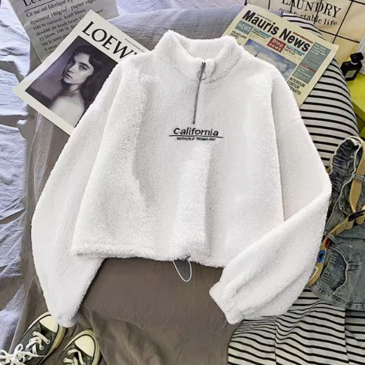Belle Cie Half-Zip Pullover Top Fleece Women's Korean Fashion Boa Casual Street Warm Cold Protection Fluffy Cute