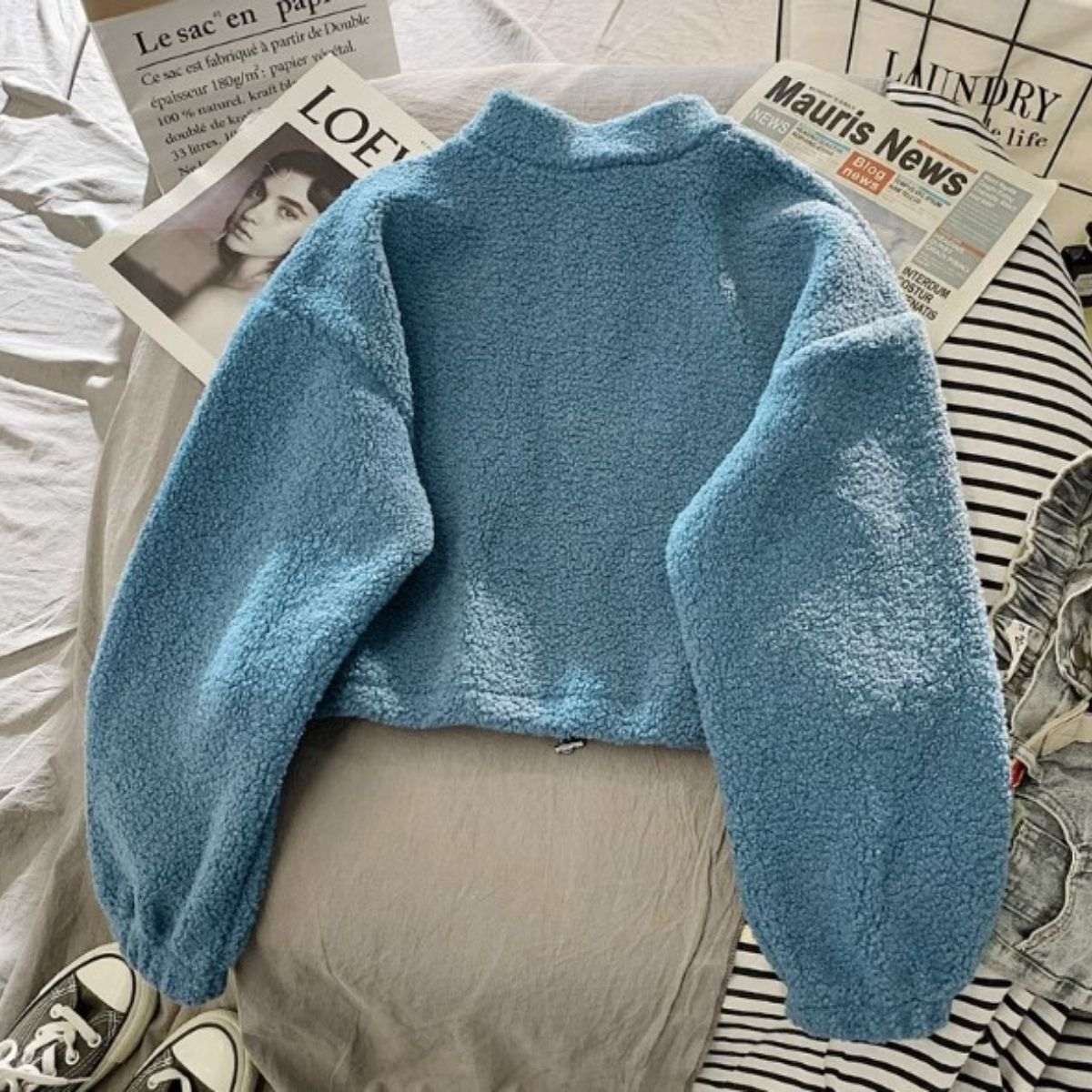 Belle Cie Half-Zip Pullover Top Fleece Women's Korean Fashion Boa Casual Street Warm Cold Protection Fluffy Cute