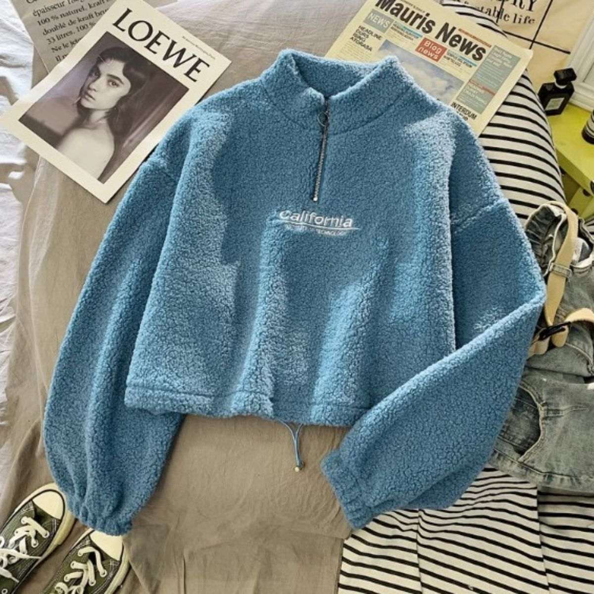 Belle Cie Half-Zip Pullover Top Fleece Women's Korean Fashion Boa Casual Street Warm Cold Protection Fluffy Cute