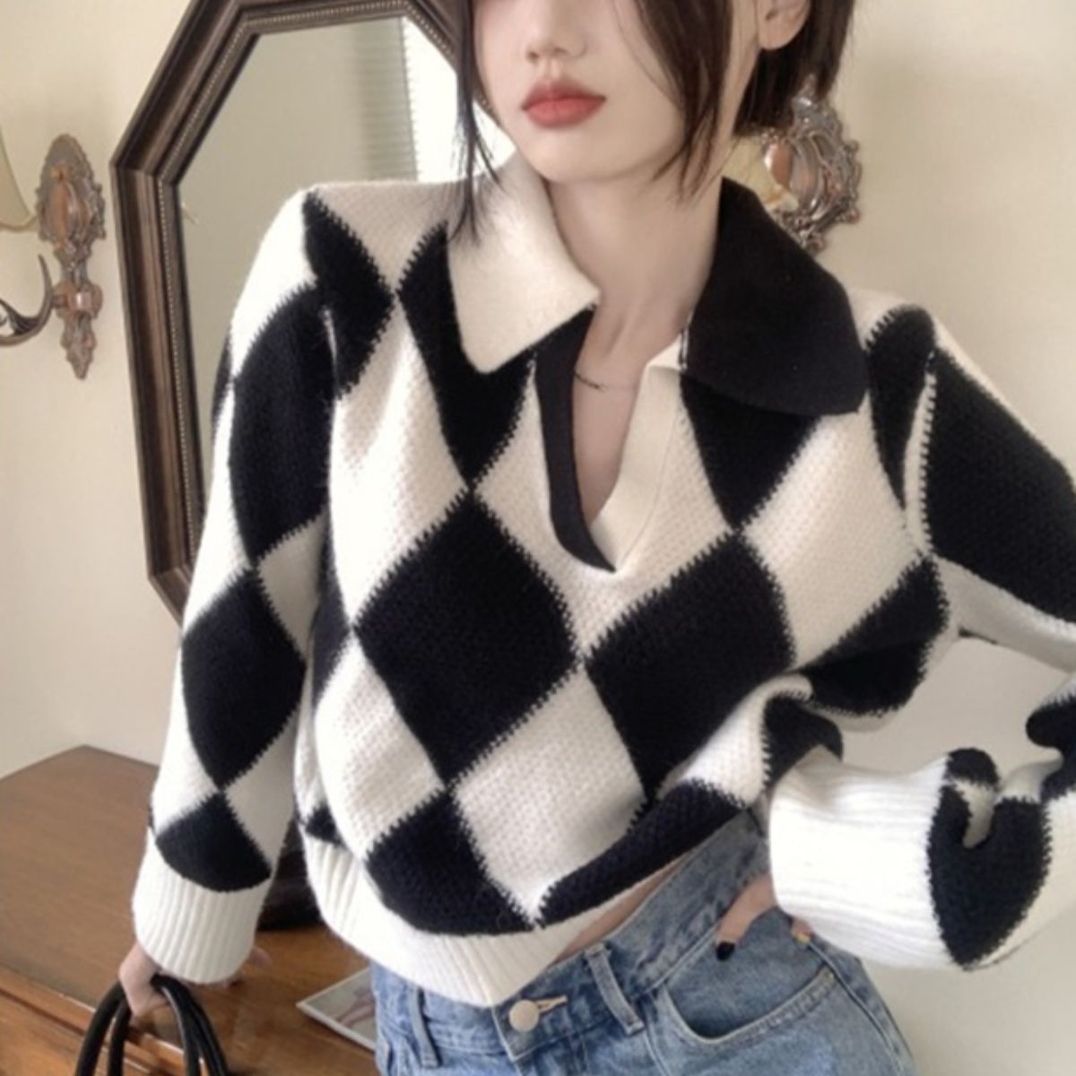 ベルシー Belle Cie ニット セーター プルオーバー ダイヤ スタンドカラー レディース ギャル 柄 秋冬 韓国ファッション かっこいい モード 長袖 総柄 ミディ丈,ホワイト