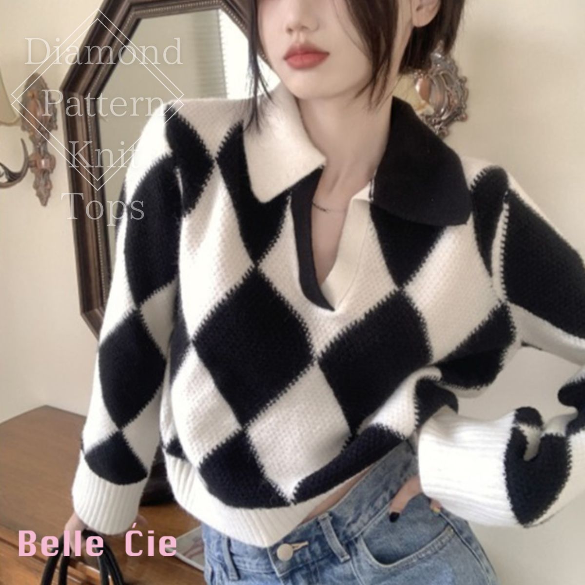 ベルシー Belle Cie ニット セーター プルオーバー ダイヤ スタンドカラー レディース ギャル 柄 秋冬 韓国ファッション かっこいい モード 長袖 総柄 ミディ丈