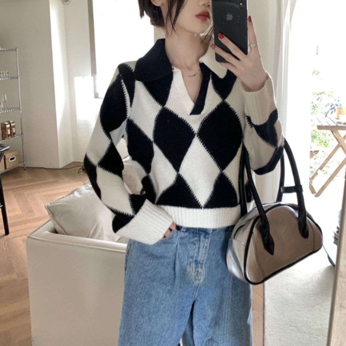 ベルシー Belle Cie ニット セーター プルオーバー ダイヤ スタンドカラー レディース ギャル 柄 秋冬 韓国ファッション かっこいい モード 長袖 総柄 ミディ丈