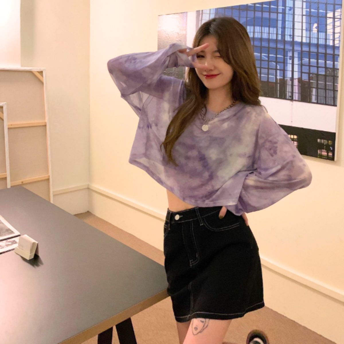 ベルシー Belle Cie シースルー シアー ショート 短丈 ロンT 長袖 透け感 タイダイ レディース 韓国ファッション セクシー グラデーション かっこいい ダンス 衣装,パープル
