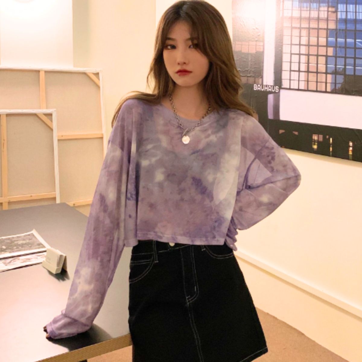 ベルシー Belle Cie シースルー シアー ショート 短丈 ロンT 長袖 透け感 タイダイ レディース 韓国ファッション セクシー グラデーション かっこいい ダンス 衣装