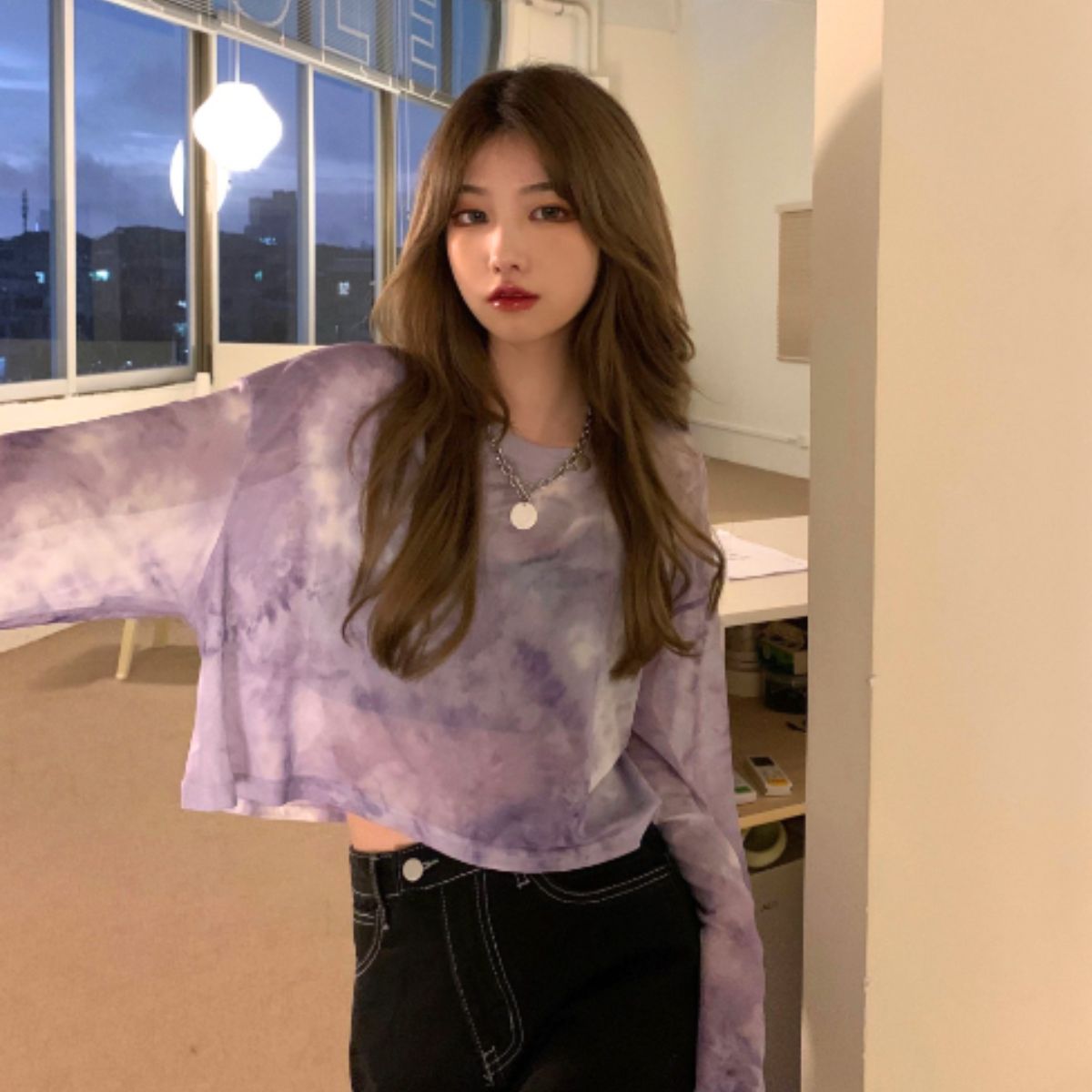 ベルシー Belle Cie シースルー シアー ショート 短丈 ロンT 長袖 透け感 タイダイ レディース 韓国ファッション セクシー グラデーション かっこいい ダンス 衣装