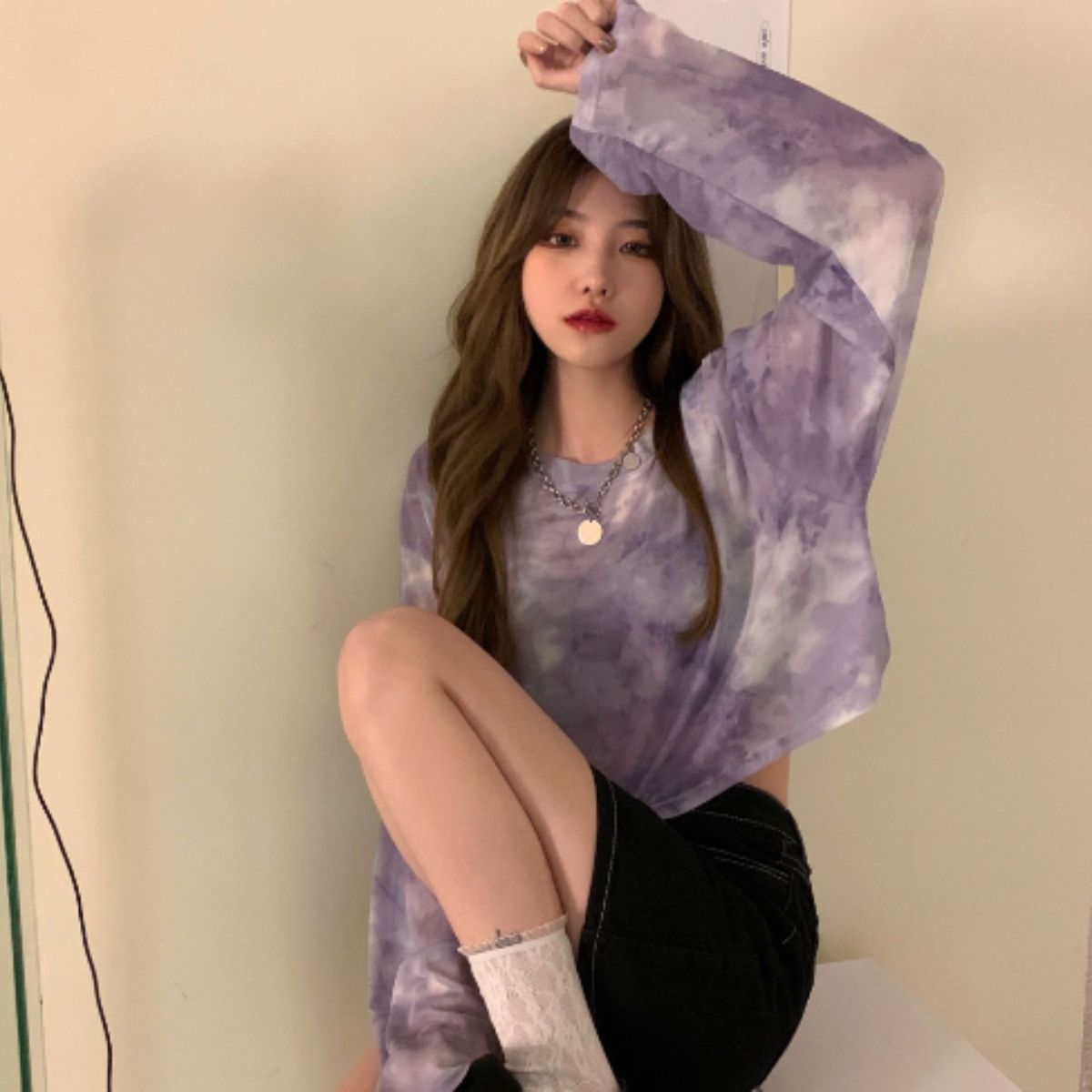 ベルシー Belle Cie シースルー シアー ショート 短丈 ロンT 長袖 透け感 タイダイ レディース 韓国ファッション セクシー グラデーション かっこいい ダンス 衣装