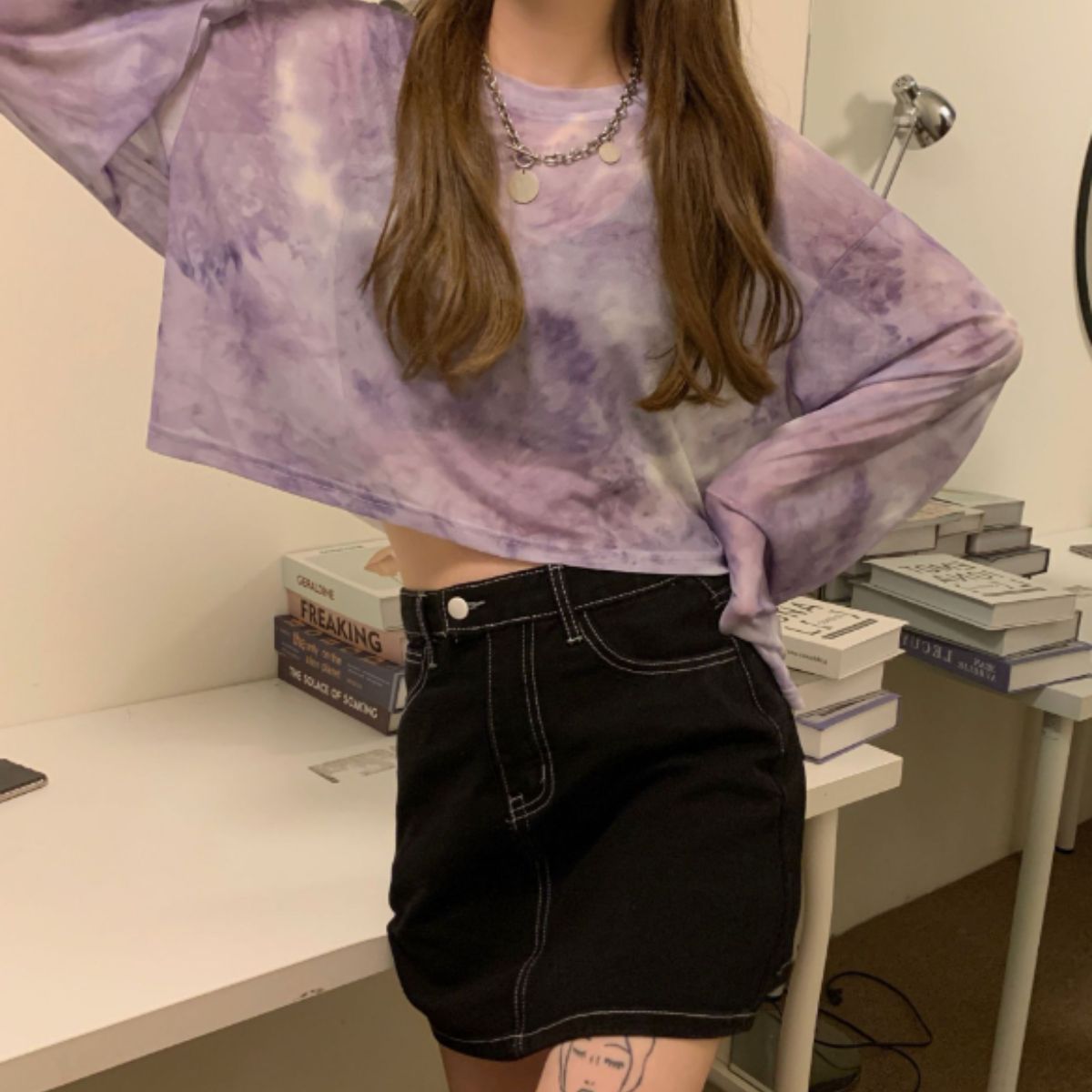 ベルシー Belle Cie シースルー シアー ショート 短丈 ロンT 長袖 透け感 タイダイ レディース 韓国ファッション セクシー グラデーション かっこいい ダンス 衣装
