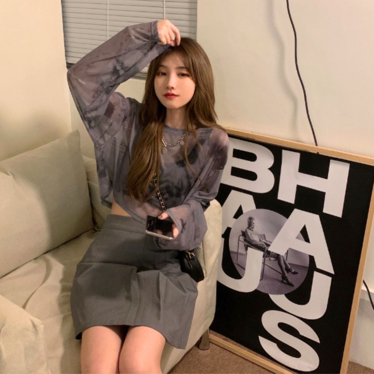 ベルシー Belle Cie シースルー シアー ショート 短丈 ロンT 長袖 透け感 タイダイ レディース 韓国ファッション セクシー グラデーション かっこいい ダンス 衣装