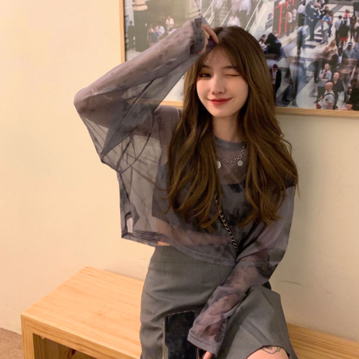 ベルシー Belle Cie シースルー シアー ショート 短丈 ロンT 長袖 透け感 タイダイ レディース 韓国ファッション セクシー グラデーション かっこいい ダンス 衣装