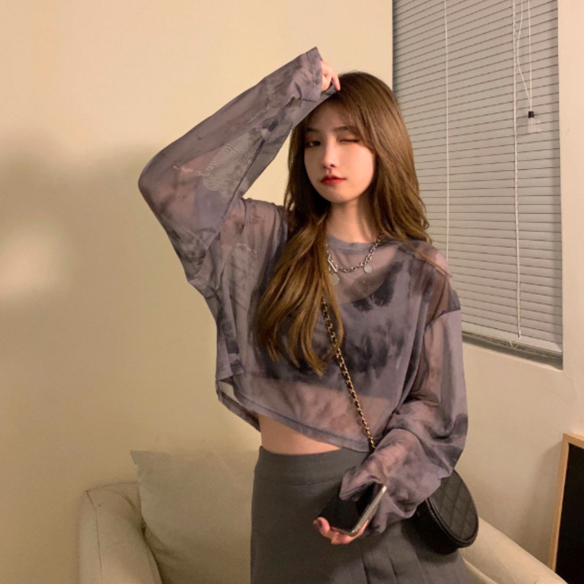ベルシー Belle Cie シースルー シアー ショート 短丈 ロンT 長袖 透け感 タイダイ レディース 韓国ファッション セクシー グラデーション かっこいい ダンス 衣装