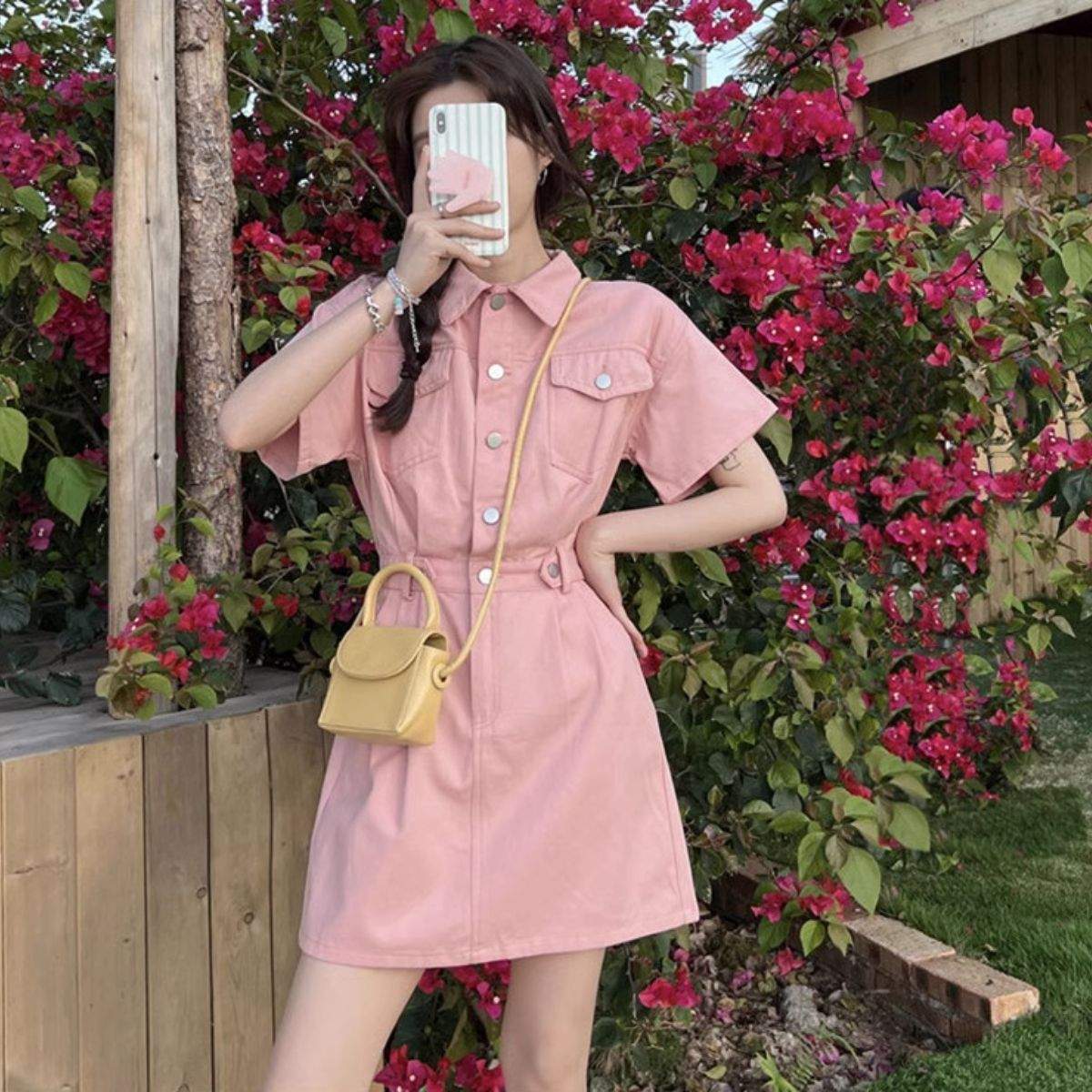 Belle Cie Denim Dress, Dress, Twill, Short Sleeve, Mini Dress, Skirt, Women's, Korean Fashion, Above The Knee, Large size, Festival, Costume, Matching