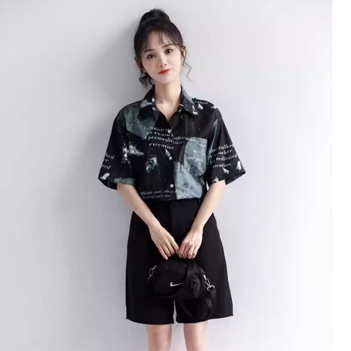 Belle Cie 襯衫女圖案襯衫短袖短袖襯衫罩衫韓版時尚上衣英文字母夏裝立領休閒阿羅哈時尚可愛開領