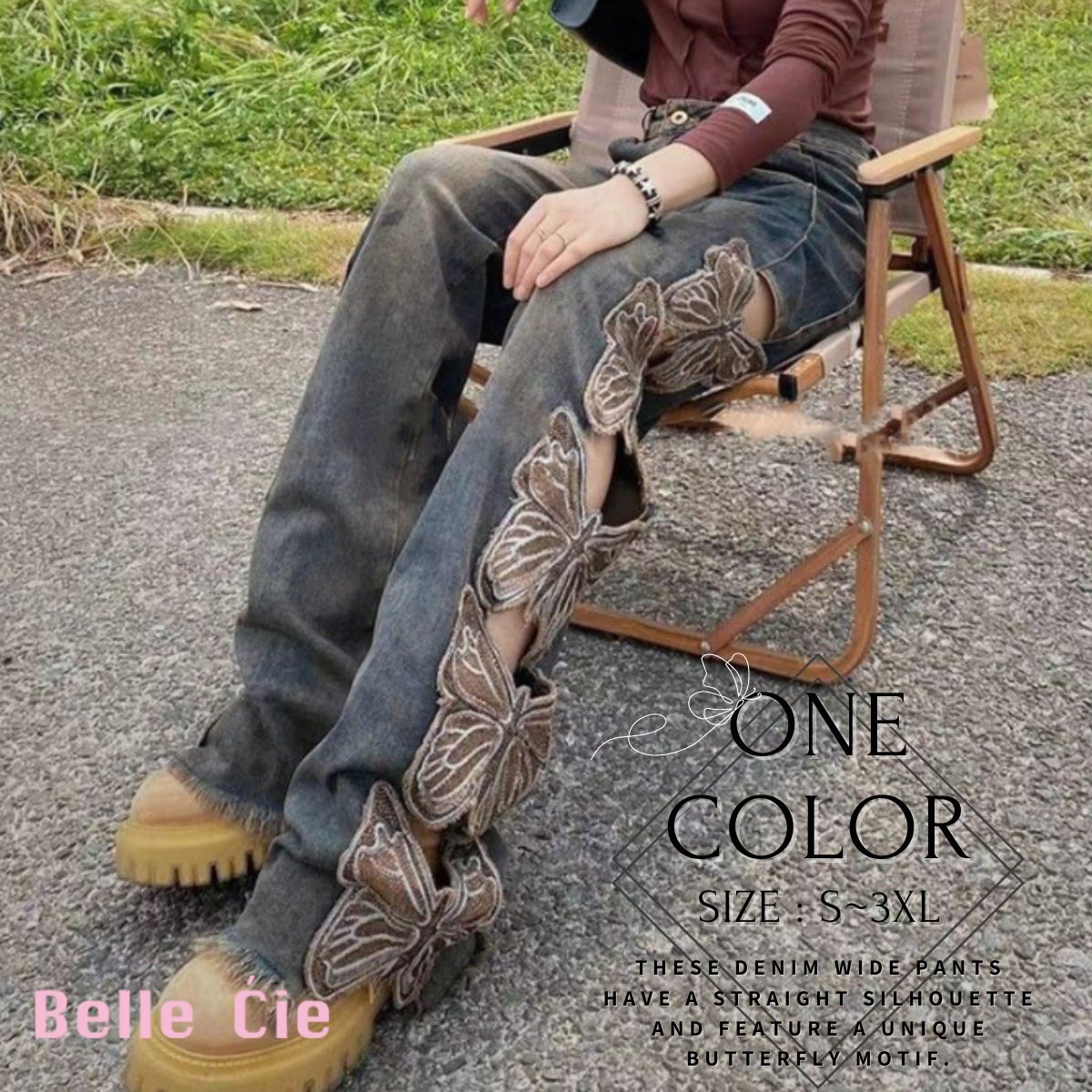 ベルシー Belle Cie ワイドパンツ デニムパンツ ロング バタフライ 個性的 ストレート レディース 韓国ファッション 肌見せ かっこいい ユニーク おしゃれ お洒落 蝶 ジーンズ ゆったり 大きいサイズ ワイド ワイドデニム パンツ デニム ジーパン 刺繍 ストリートファッション ストリート 20代 30代 40代 50代 紺色