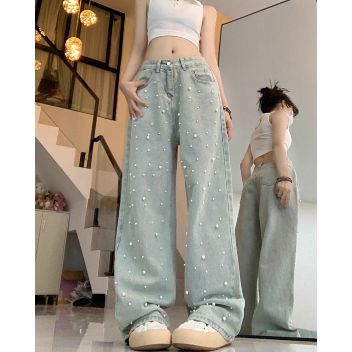 ベルシー Belle Cie ワイドパンツ デニム ストレート パール きれいめ かわいい レディース シンプル ユニーク かっこいい 洗い感 大きいサイズ XL XXL 人気 デニムパンツ ゆったり ワイドデニム ジーパン 可愛い ジーンズ ワイド パンツ 韓国 韓国ファッション 20代 30代 40代 50代,サックス