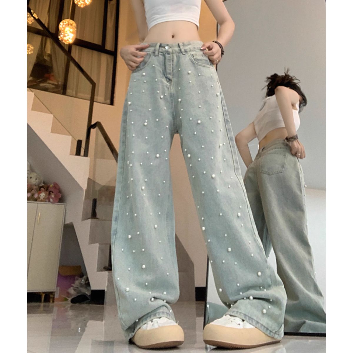 ベルシー Belle Cie ワイドパンツ デニム ストレート パール きれいめ かわいい レディース シンプル ユニーク かっこいい 洗い感 大きいサイズ XL XXL 人気 デニムパンツ ゆったり ワイドデニム ジーパン 可愛い ジーンズ ワイド パンツ 韓国 韓国ファッション 20代 30代 40代 50代