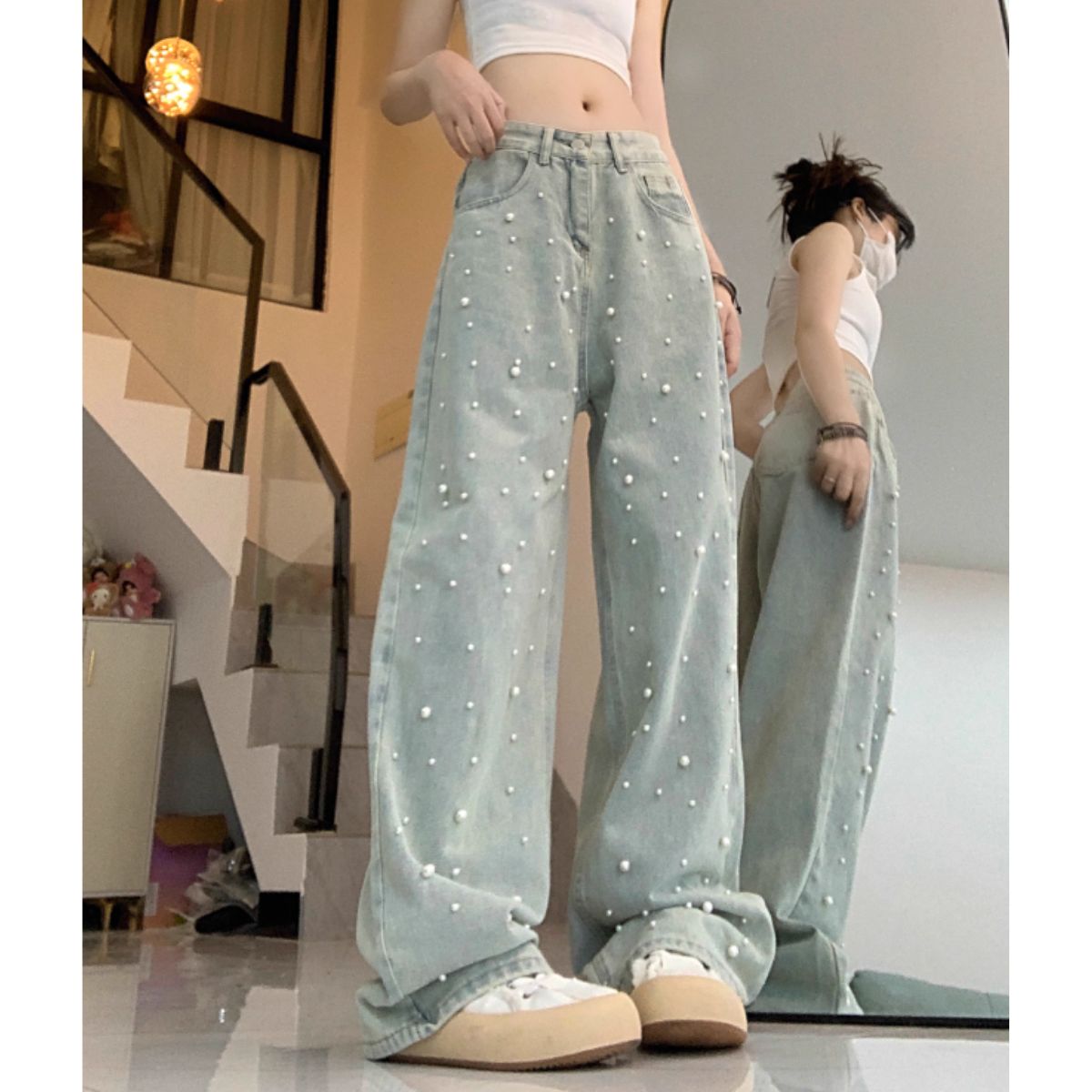 ベルシー Belle Cie ワイドパンツ デニム ストレート パール きれいめ かわいい レディース シンプル ユニーク かっこいい 洗い感 大きいサイズ XL XXL 人気 デニムパンツ ゆったり ワイドデニム ジーパン 可愛い ジーンズ ワイド パンツ 韓国 韓国ファッション 20代 30代 40代 50代