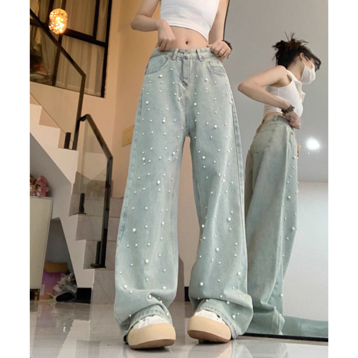ベルシー Belle Cie ワイドパンツ デニム ストレート パール きれいめ かわいい レディース シンプル ユニーク かっこいい 洗い感 大きいサイズ XL XXL 人気 デニムパンツ ゆったり ワイドデニム ジーパン 可愛い ジーンズ ワイド パンツ 韓国 韓国ファッション 20代 30代 40代 50代