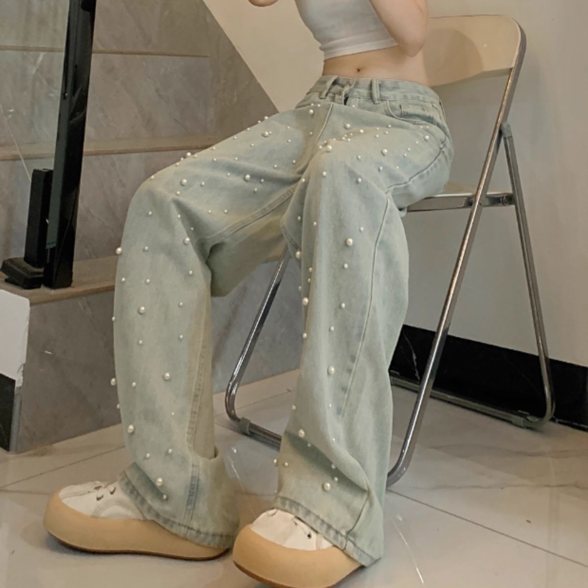 ベルシー Belle Cie ワイドパンツ デニム ストレート パール きれいめ かわいい レディース シンプル ユニーク かっこいい 洗い感 大きいサイズ XL XXL 人気 デニムパンツ ゆったり ワイドデニム ジーパン 可愛い ジーンズ ワイド パンツ 韓国 韓国ファッション 20代 30代 40代 50代
