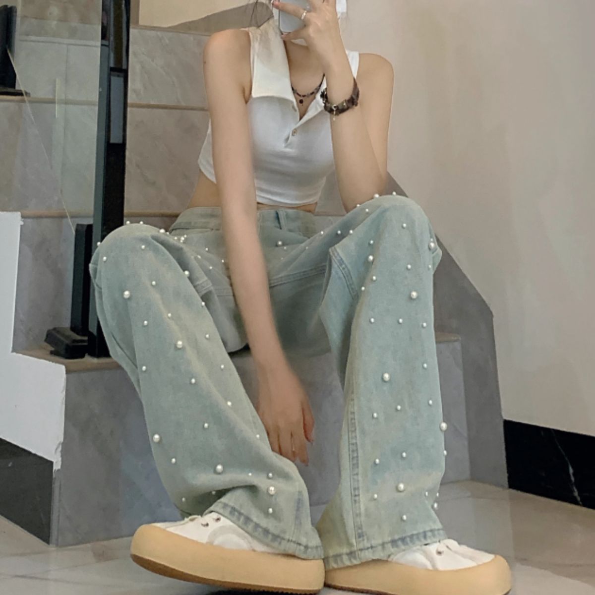 ベルシー Belle Cie ワイドパンツ デニム ストレート パール きれいめ かわいい レディース シンプル ユニーク かっこいい 洗い感 大きいサイズ XL XXL 人気 デニムパンツ ゆったり ワイドデニム ジーパン 可愛い ジーンズ ワイド パンツ 韓国 韓国ファッション 20代 30代 40代 50代