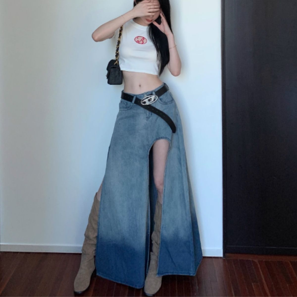 ベルシー Belle Cie スカート ロング スリット ロングスカート フレア Aライン 夏 レディース 韓国ファッション シンプル かっこいい セクシー ダンス 衣装 無地