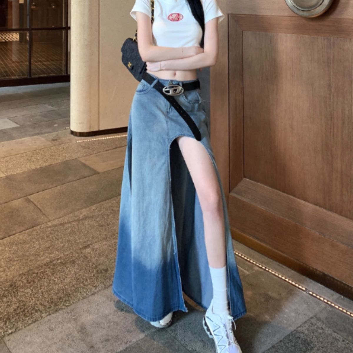 ベルシー Belle Cie スカート ロング スリット ロングスカート フレア Aライン 夏 レディース 韓国ファッション シンプル かっこいい セクシー ダンス 衣装 無地