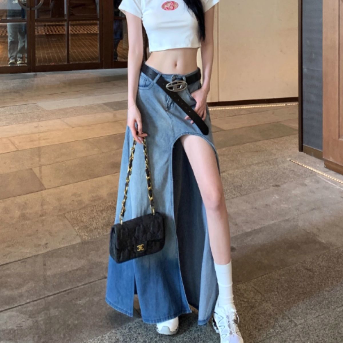 ベルシー Belle Cie スカート ロング スリット ロングスカート フレア Aライン 夏 レディース 韓国ファッション シンプル かっこいい セクシー ダンス 衣装 無地