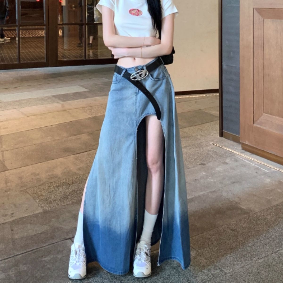 ベルシー Belle Cie スカート ロング スリット ロングスカート フレア Aライン 夏 レディース 韓国ファッション シンプル かっこいい セクシー ダンス 衣装 無地