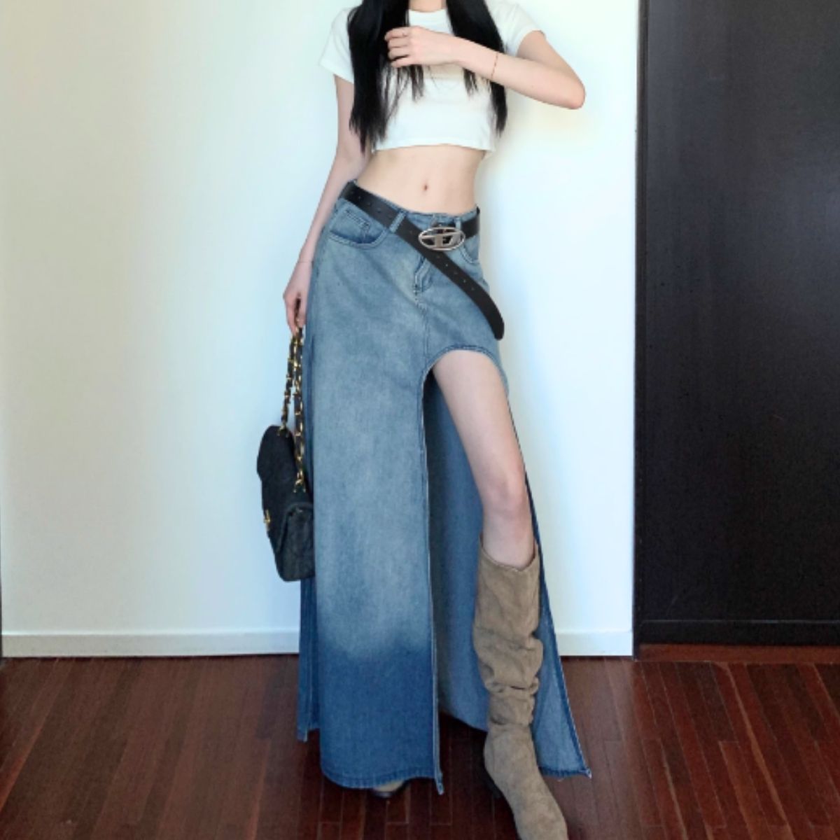 ベルシー Belle Cie スカート ロング スリット ロングスカート フレア Aライン 夏 レディース 韓国ファッション シンプル かっこいい セクシー ダンス 衣装 無地