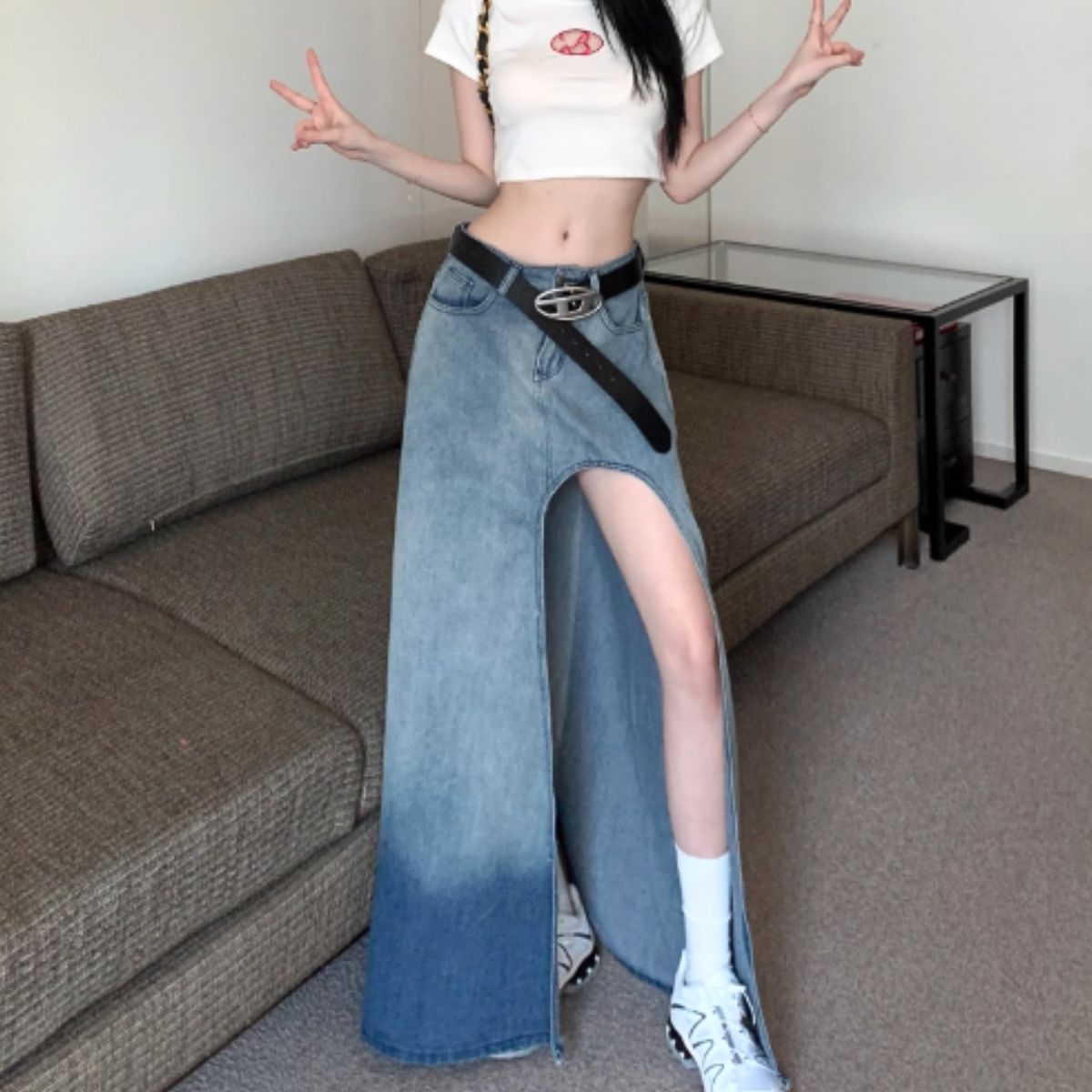 ベルシー Belle Cie スカート ロング スリット ロングスカート フレア Aライン 夏 レディース 韓国ファッション シンプル かっこいい セクシー ダンス 衣装 無地
