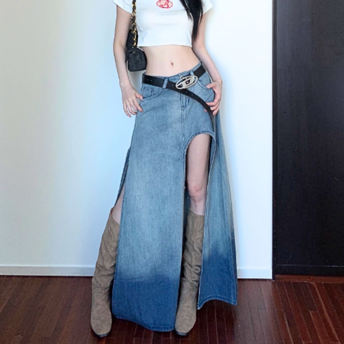 ベルシー Belle Cie スカート ロング スリット ロングスカート フレア Aライン 夏 レディース 韓国ファッション シンプル かっこいい セクシー ダンス 衣装 無地