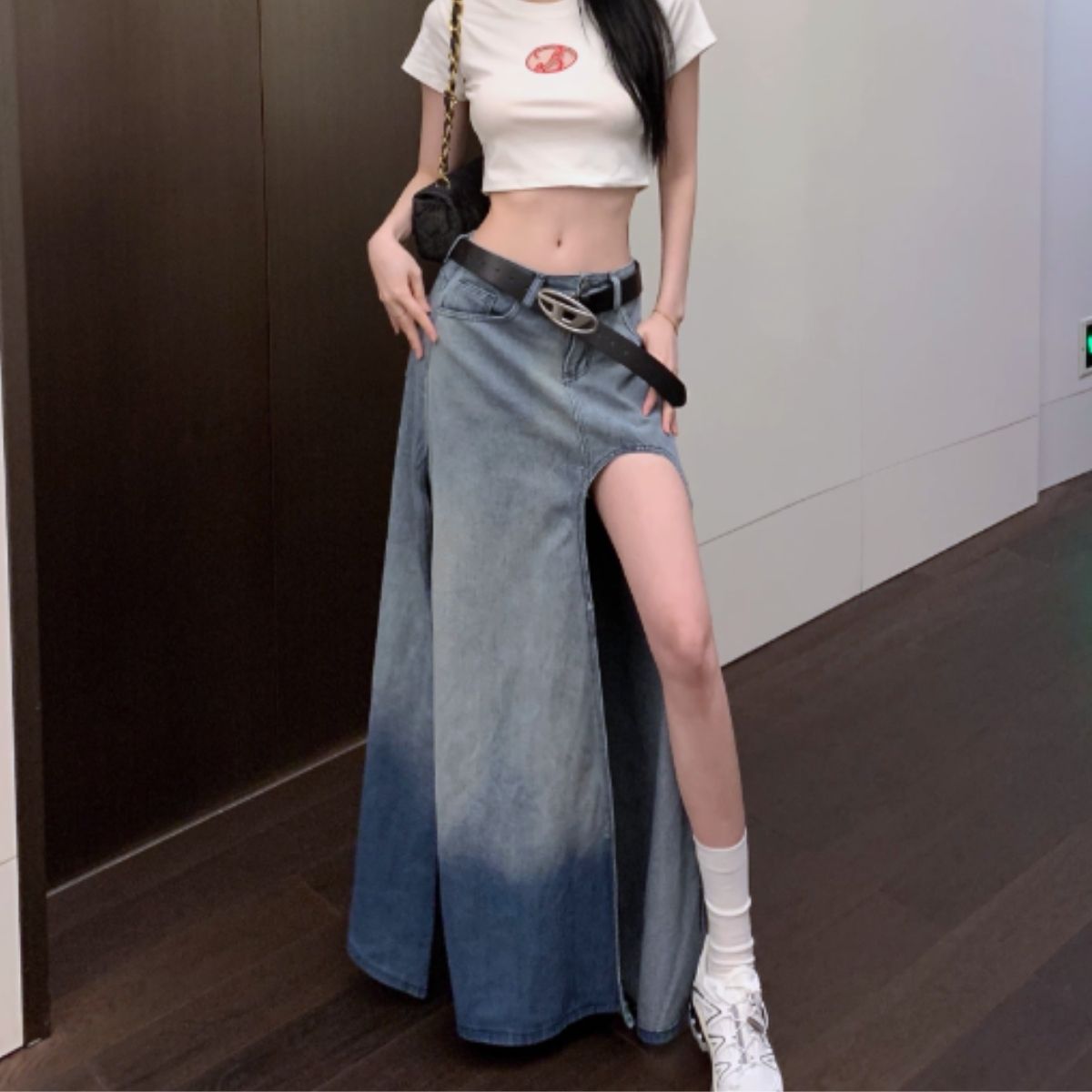 ベルシー Belle Cie スカート ロング スリット ロングスカート フレア Aライン 夏 レディース 韓国ファッション シンプル かっこいい セクシー ダンス 衣装 無地