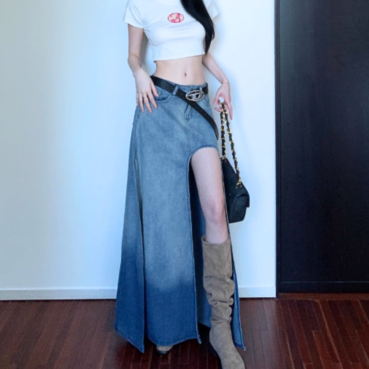 ベルシー Belle Cie スカート ロング スリット ロングスカート フレア Aライン 夏 レディース 韓国ファッション シンプル かっこいい セクシー ダンス 衣装 無地