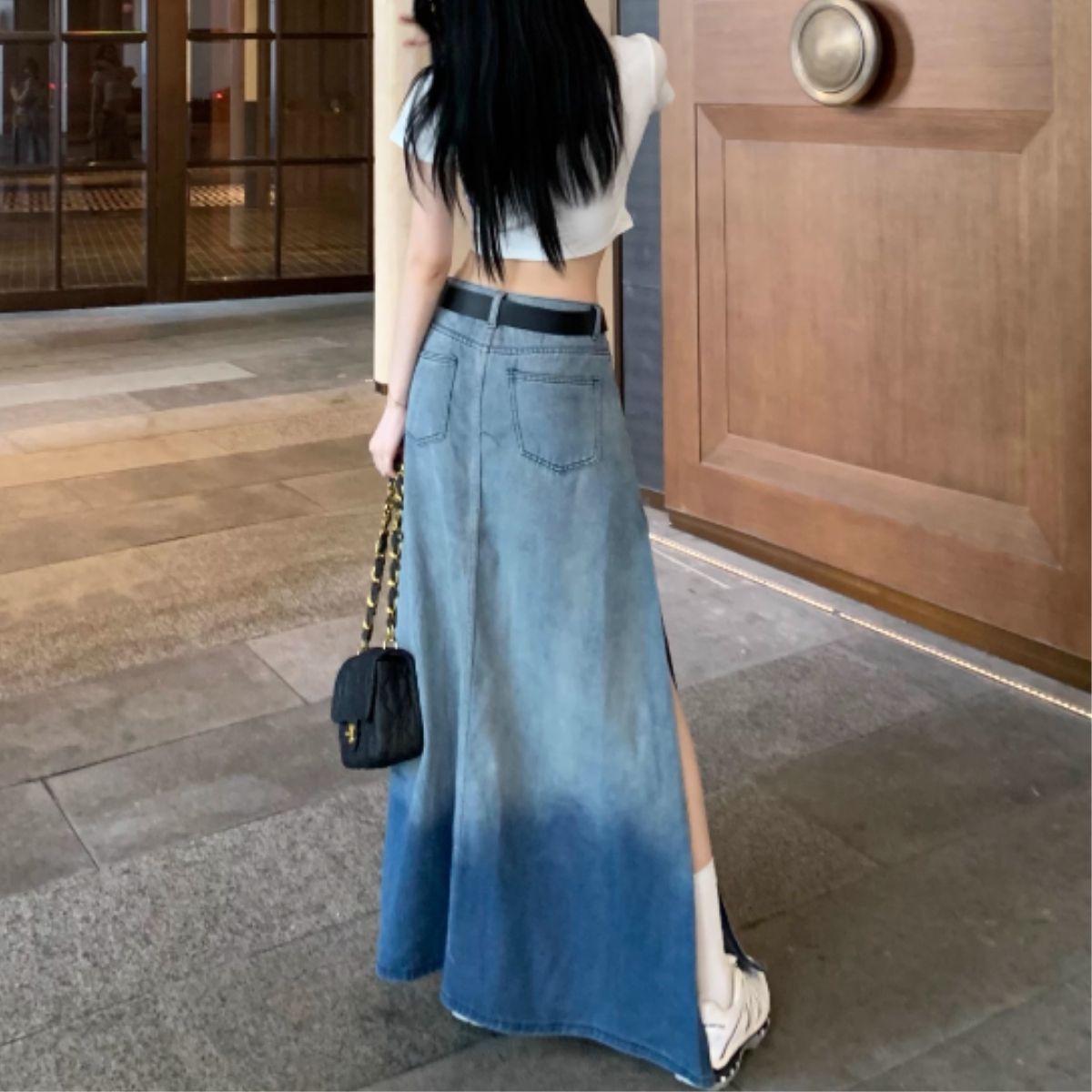 ベルシー Belle Cie スカート ロング スリット ロングスカート フレア Aライン 夏 レディース 韓国ファッション シンプル かっこいい セクシー ダンス 衣装 無地