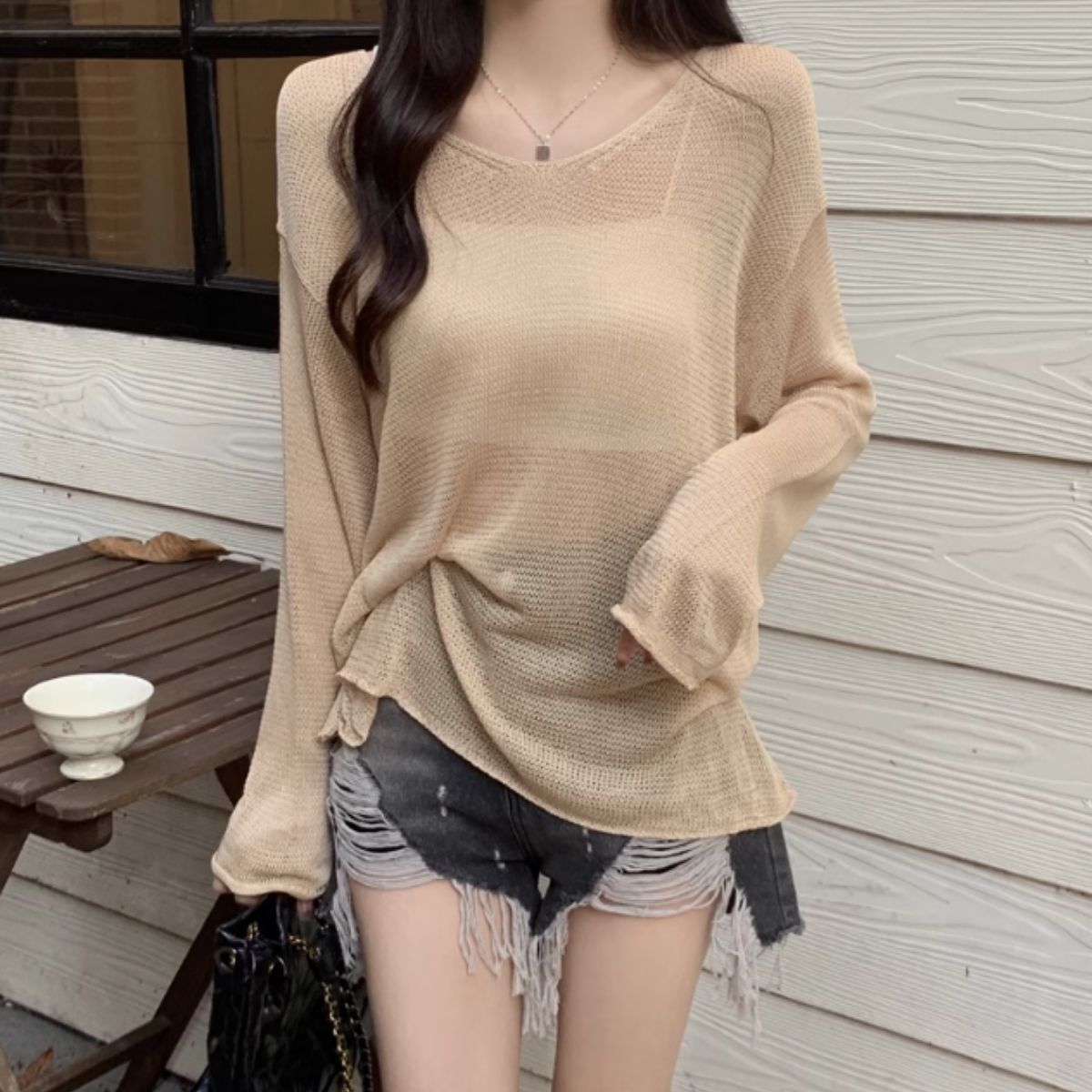 Bercy Belle Cie Knit Sheer Knit Loose Relaxed Top Sheer Long Sleeve Transparency Women's Korean Fashion Sexy Skin Exposure Spring Autumn Earth Colors Adult Stylish