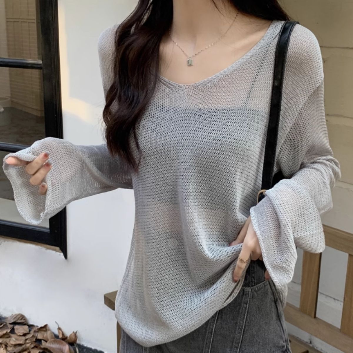 Bercy Belle Cie Knit Sheer Knit Loose Relaxed Top Sheer Long Sleeve Transparency Women's Korean Fashion Sexy Skin Exposure Spring Autumn Earth Colors Adult Stylish